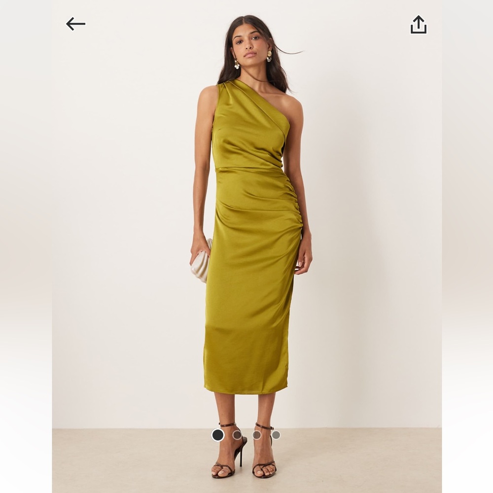 Mango One Shoulder Rouched Side Olive Midi Dress